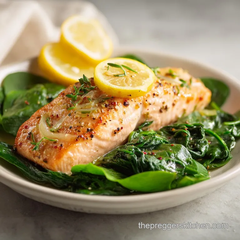 A perfectly cooked salmon portion, flaky and tender, sits on a bed of wilted spinach, garnished with lemon.