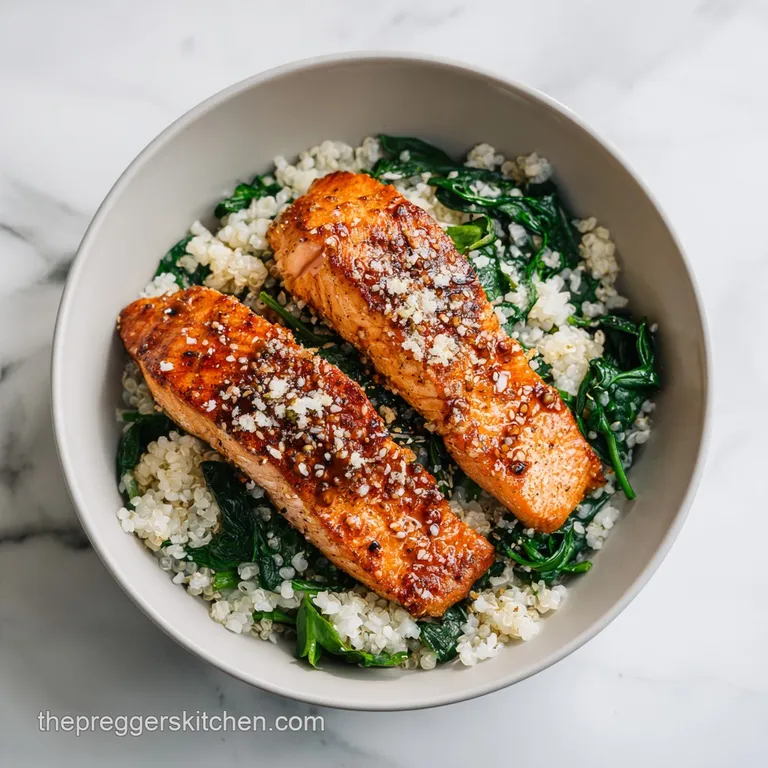 A vibrant salmon fillet rests atop emerald spinach and fluffy quinoa, artfully plated with a drizzle.