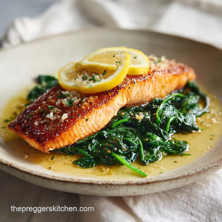 Perfectly cooked salmon fillet resting on a bed of tender spinach, a lemon wedge to the side.