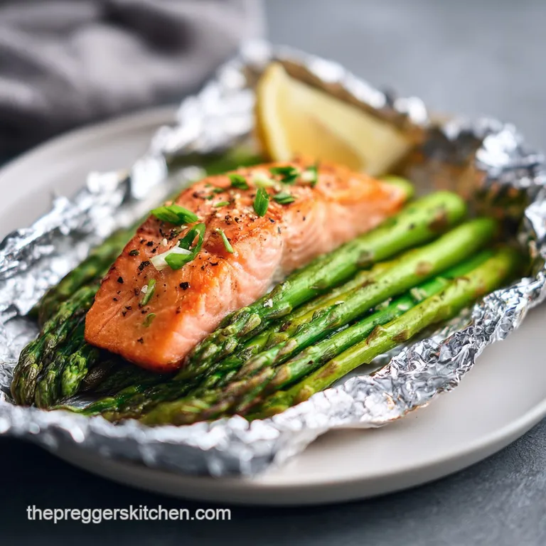 Perfectly cooked salmon fillet with vibrant asparagus spears, lemon wedge, and fresh dill sprig on a clean white plate.