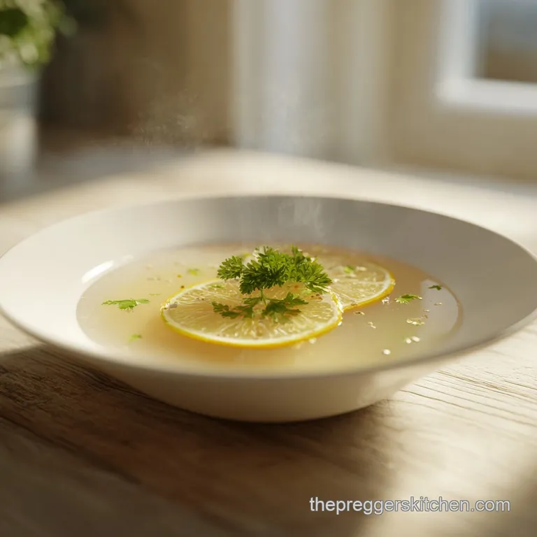 Creamy, pale yellow soup in a white bowl, garnished with bright lemon slices and fresh herbs. Simple, comforting elegance.