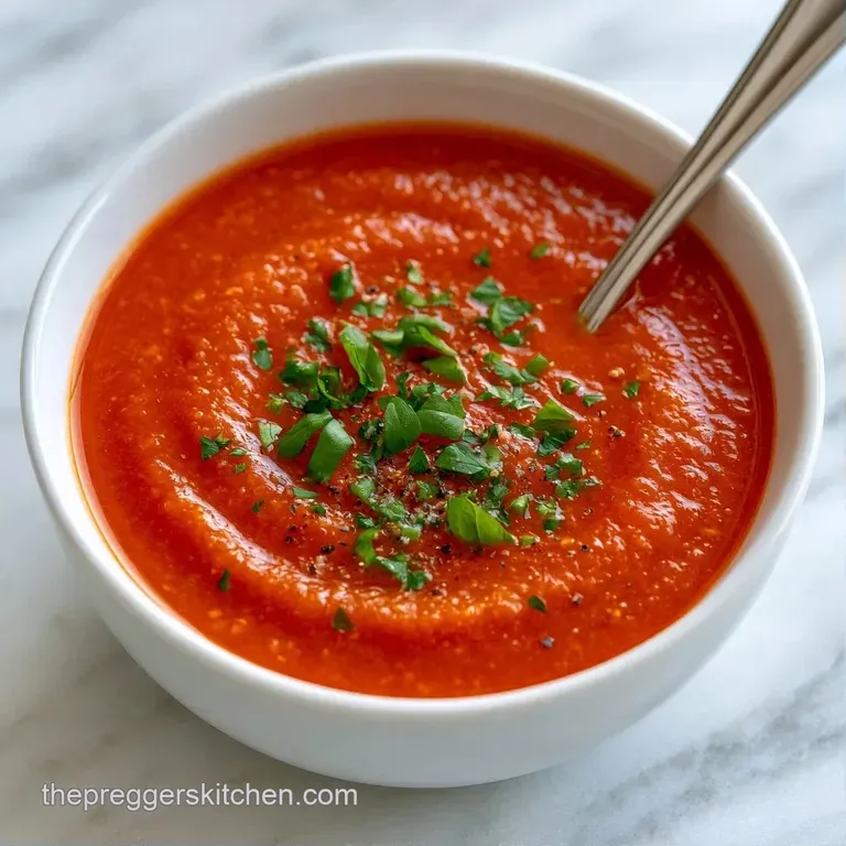 Vibrant orange soup in a white bowl served with a golden, buttery grilled cheese wedge and fresh herbs.
