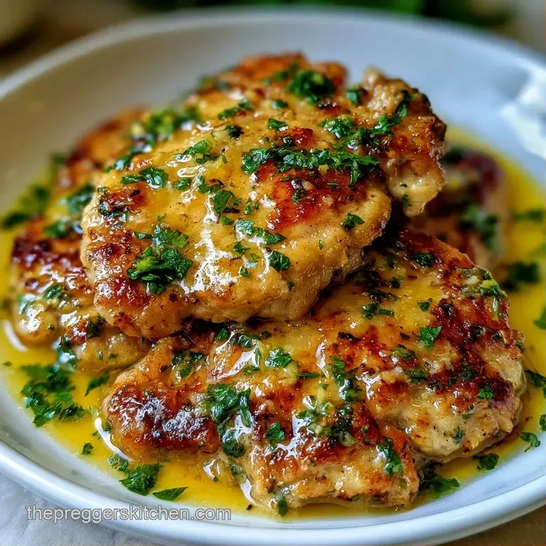 Seared golden poultry topped with thin lemon rounds and a sprig of fresh, vibrant green herbs on a white plate.