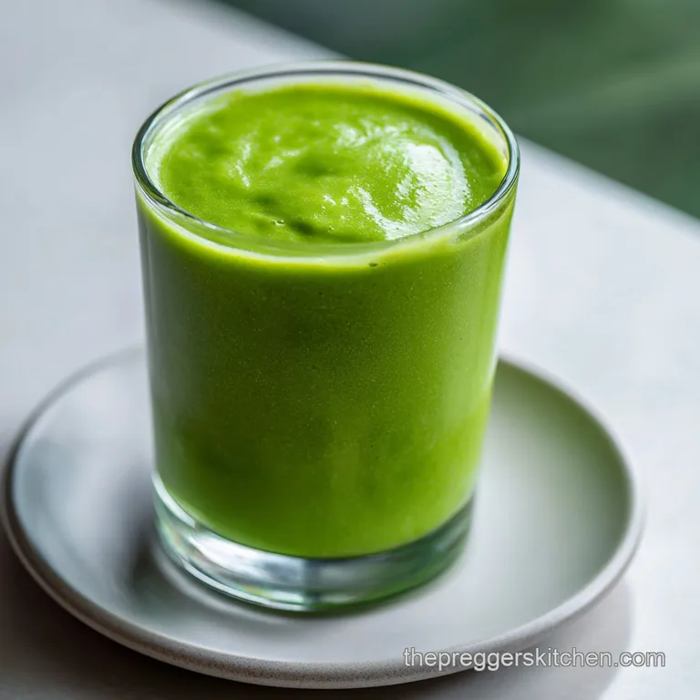Vibrant green drink in a tall glass on a marble tray with a metal straw and a sprig of fresh mint beside it.