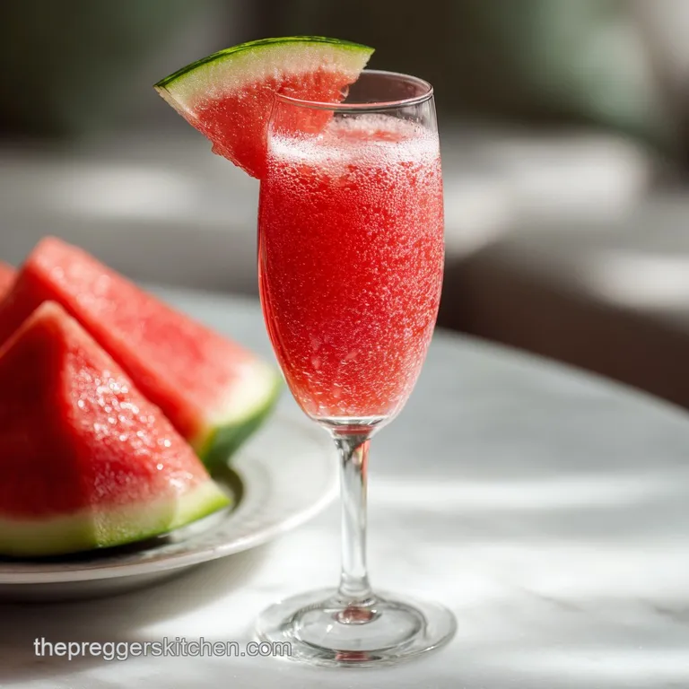 Elegant watermelon mocktail in a stemmed glass, glistening with condensation, adorned with a sugared rim and a sprig of fr...