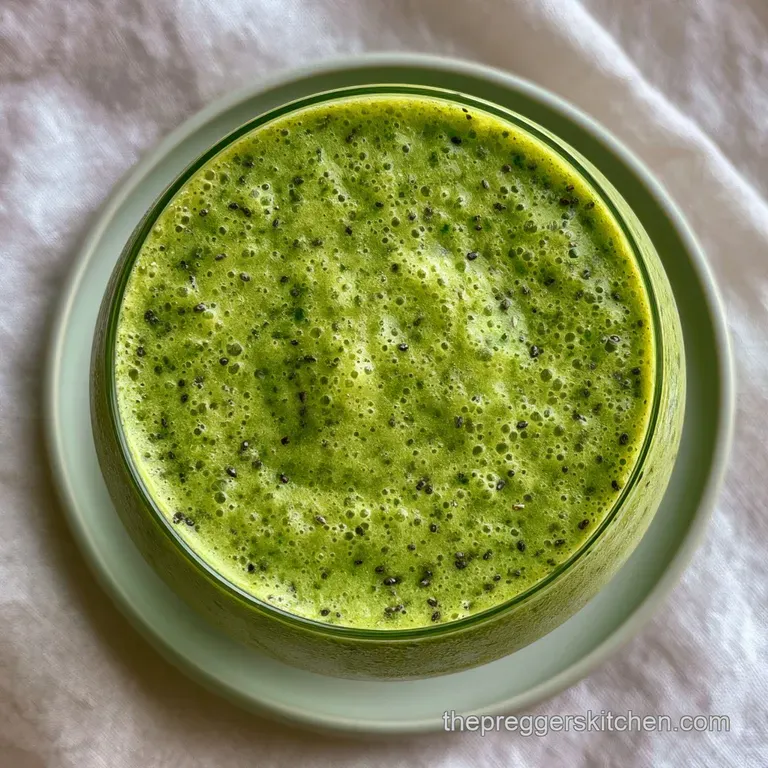 Bright green beverage in a minimalist glass beside crisp spinach leaves and a wooden straw on a white linen cloth.
