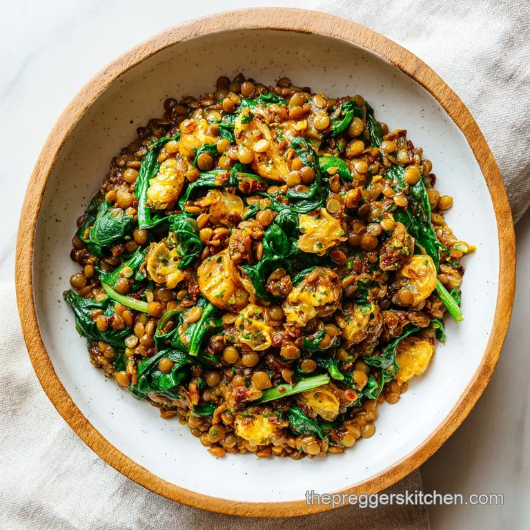 A vibrant plate of lentils & spinach. The dark greens glisten against the light brown lentils. Wisps of steam hint at warmth.