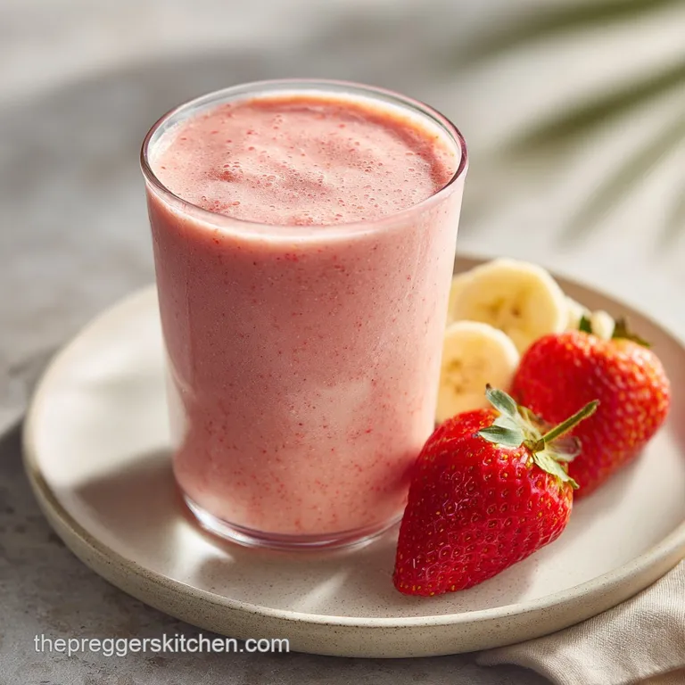 Creamy pink smoothie in a tall glass, garnished with a fresh strawberry and banana slice, a visually appealing, healthy tr...