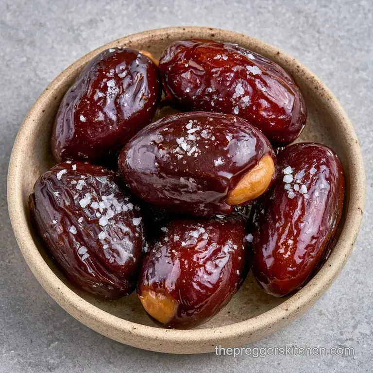 Glossy brown dates filled with creamy nut butter and topped with slivered almonds on a white marble platter.