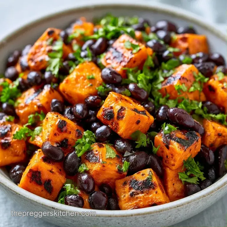 Vibrant roasted orange root vegetables and dark beans artfully arranged with fresh cilantro in a matte ceramic bowl.
