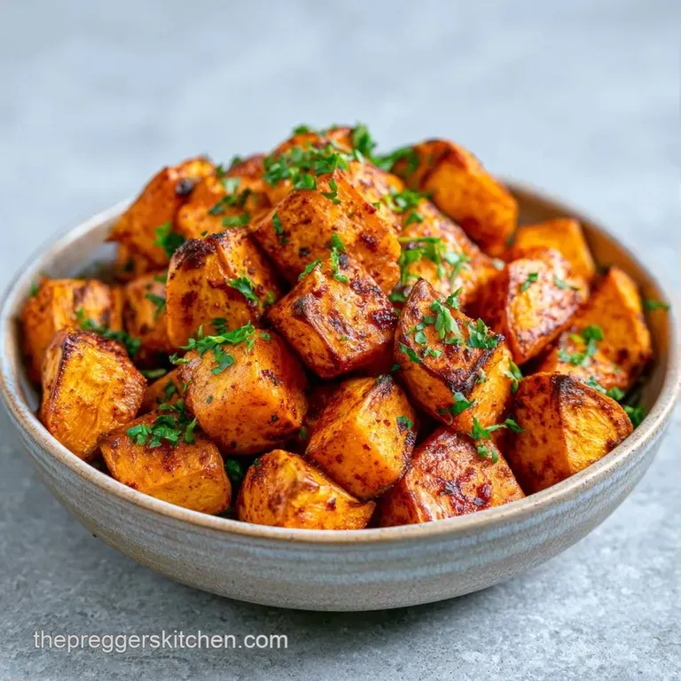 A bright bowl of roasted orange cubes and dark kale arranged neatly with a drizzle of cream and toasted sesame seeds.