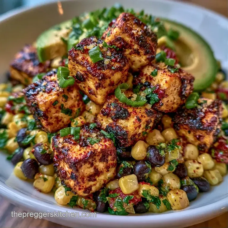 Artfully arranged bowl of golden tofu cubes, bright corn, and avocado slices drizzled with a creamy lime dressing.