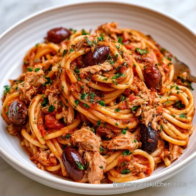 Elegant swirl of pasta in a rich red sauce, topped with flaked tuna and a dusting of white parmesan on a white plate.
