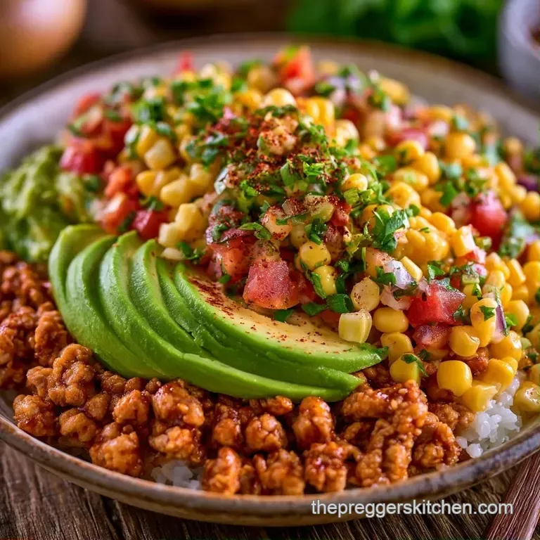 Colorful arrangement of seasoned ground meat, black beans, and golden corn topped with fresh cilantro and lime