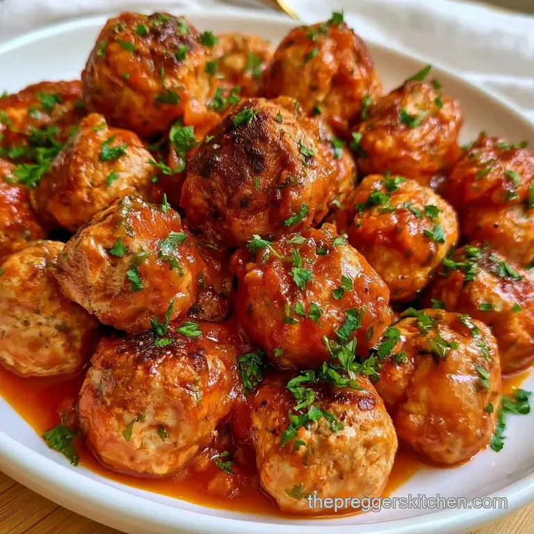 Browned savory spheres nestled in a vibrant red sauce on a white platter, topped with shaved parmesan cheese.