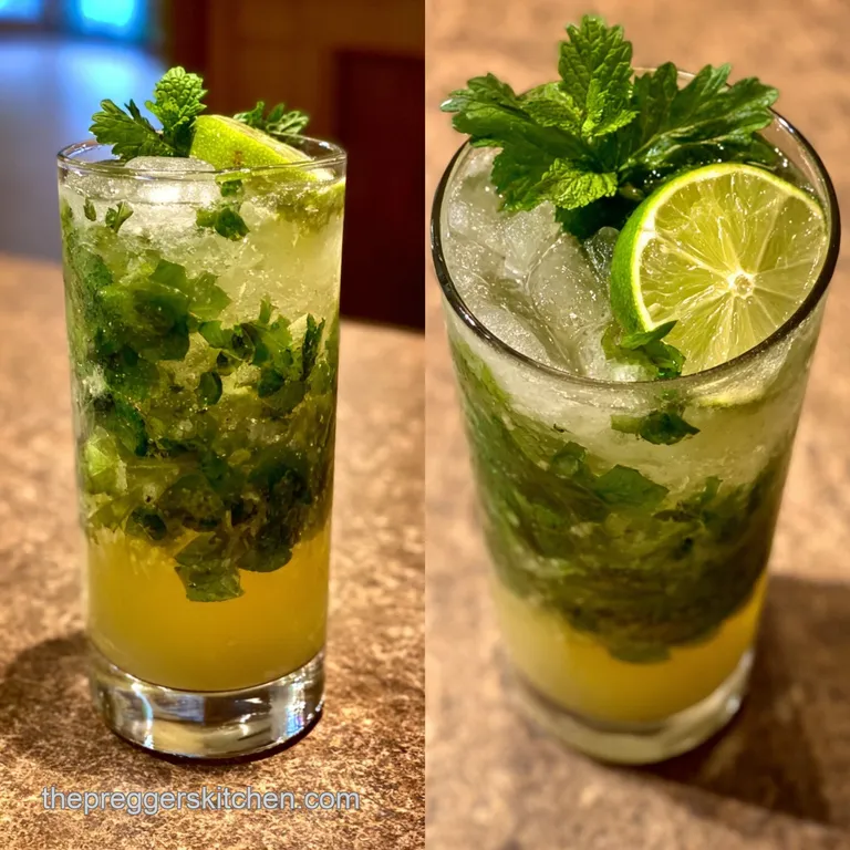 Tall glass of virgin mojito with ice. Lime wedge and mint sprig garnish, condensation on the glass, inviting refreshment.